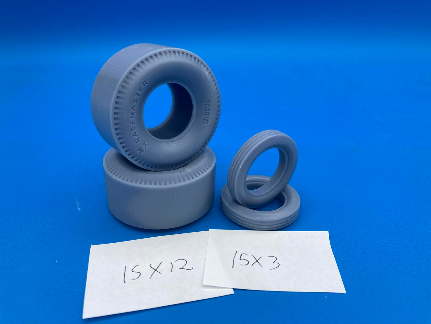 MnH RaceMaster 15x12 pie crust slicks With Ribbed front runners 15x3 tires